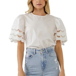 NEW ENGLISH FACTORY Mixed Media Lace Trim Knit Top M White Cotton Blouse